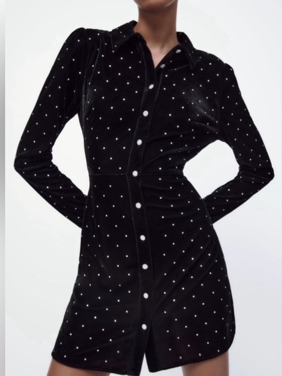 Zara Dresses & Skirts - Zara Black Velvet Mini Dress with Rhinestone Dots